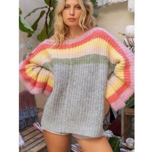 New POL Rainbow Confetti Oversized Stripe Knit Pullover Sweater